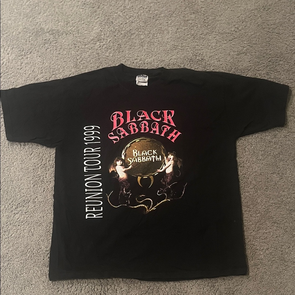 Black Sabbath Reunion Tour 1999 Graphic Tee - Black with Pink & Gold Print